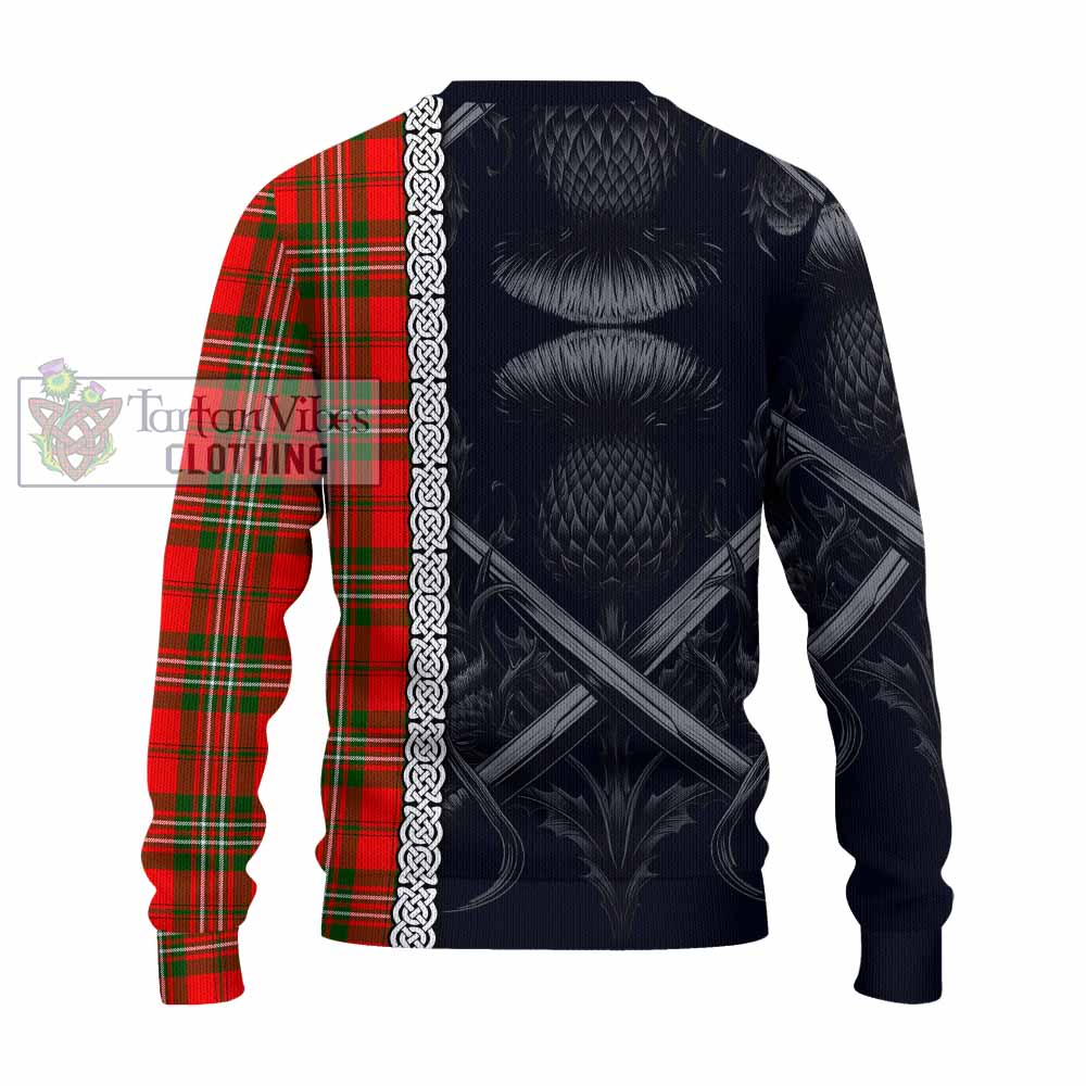 Tartan Vibes Clothing Langlands Tartan Knitted Sweater with Family Crest Cross Sword Thistle Celtic Vibes