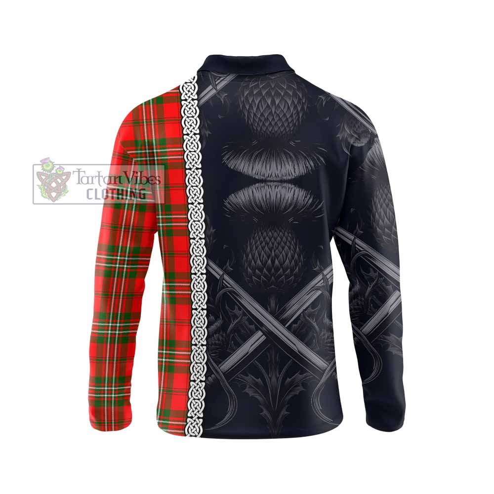 Tartan Vibes Clothing Langlands Tartan Long Sleeve Polo Shirt with Family Crest Cross Sword Thistle Celtic Vibes