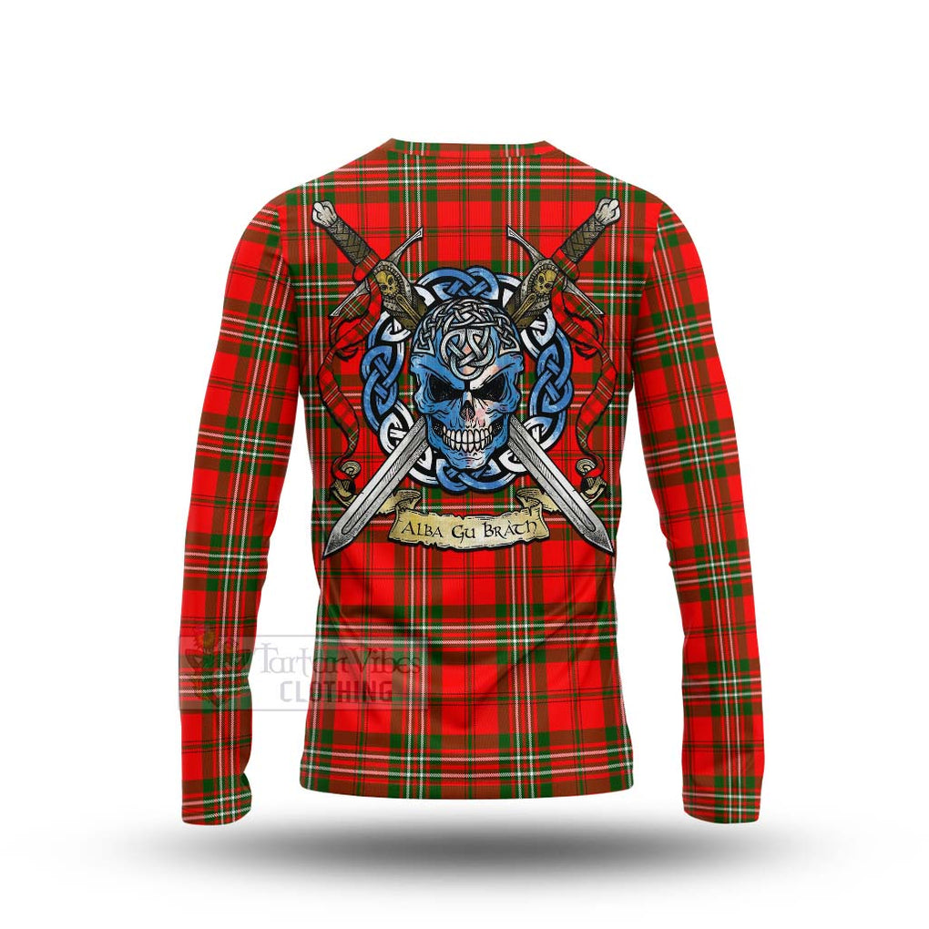 Tartan Vibes Clothing Langlands Tartan Long Sleeve T-Shirt with Family Crest Celtic Skull Style