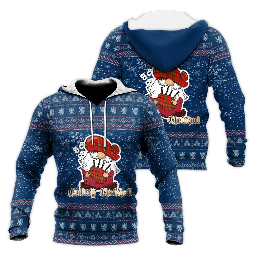 Langlands Clan Christmas Knitted Hoodie with Funny Gnome Playing Bagpipes Blue - Tartanvibesclothing