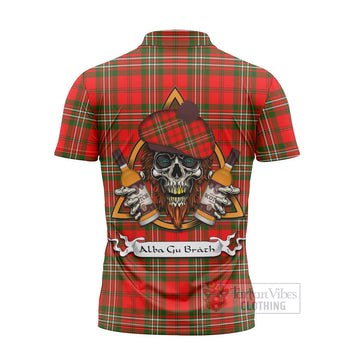 Langlands Tartan Zipper Polo Shirt with Family Crest and Bearded Skull Holding Bottles of Whiskey