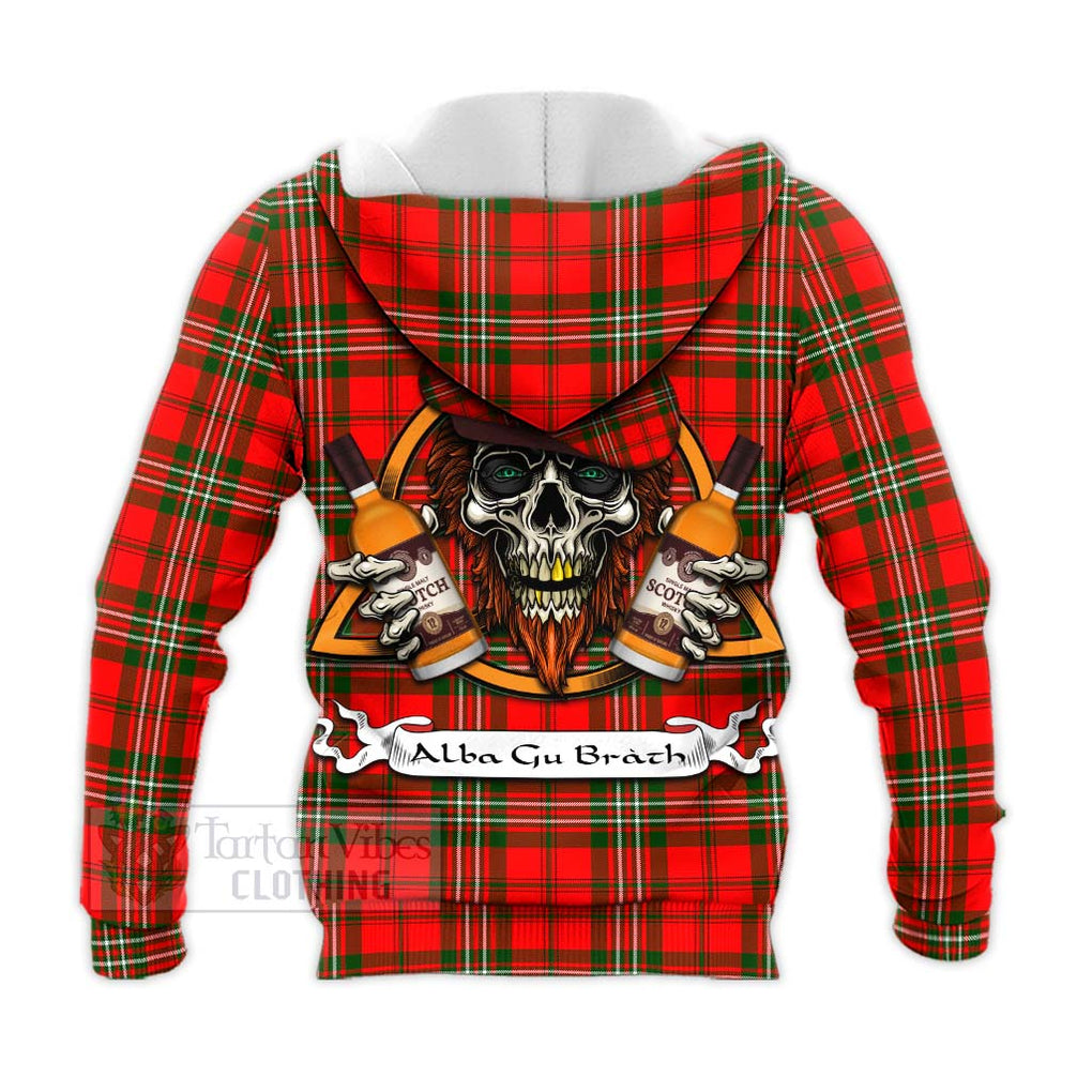 Tartan Vibes Clothing Langlands Tartan Knitted Hoodie with Family Crest and Bearded Skull Holding Bottles of Whiskey