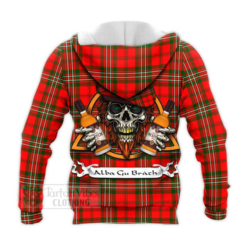 Langlands Tartan Knitted Hoodie with Family Crest and Bearded Skull Holding Bottles of Whiskey