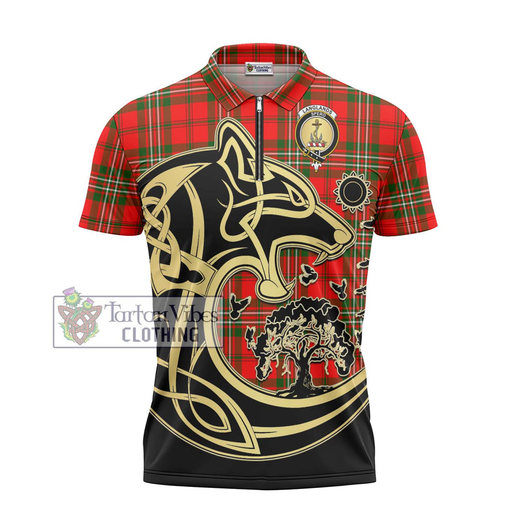 Langlands Tartan Zipper Polo Shirt with Family Crest Celtic Wolf Style - Tartanvibesclothing Shop