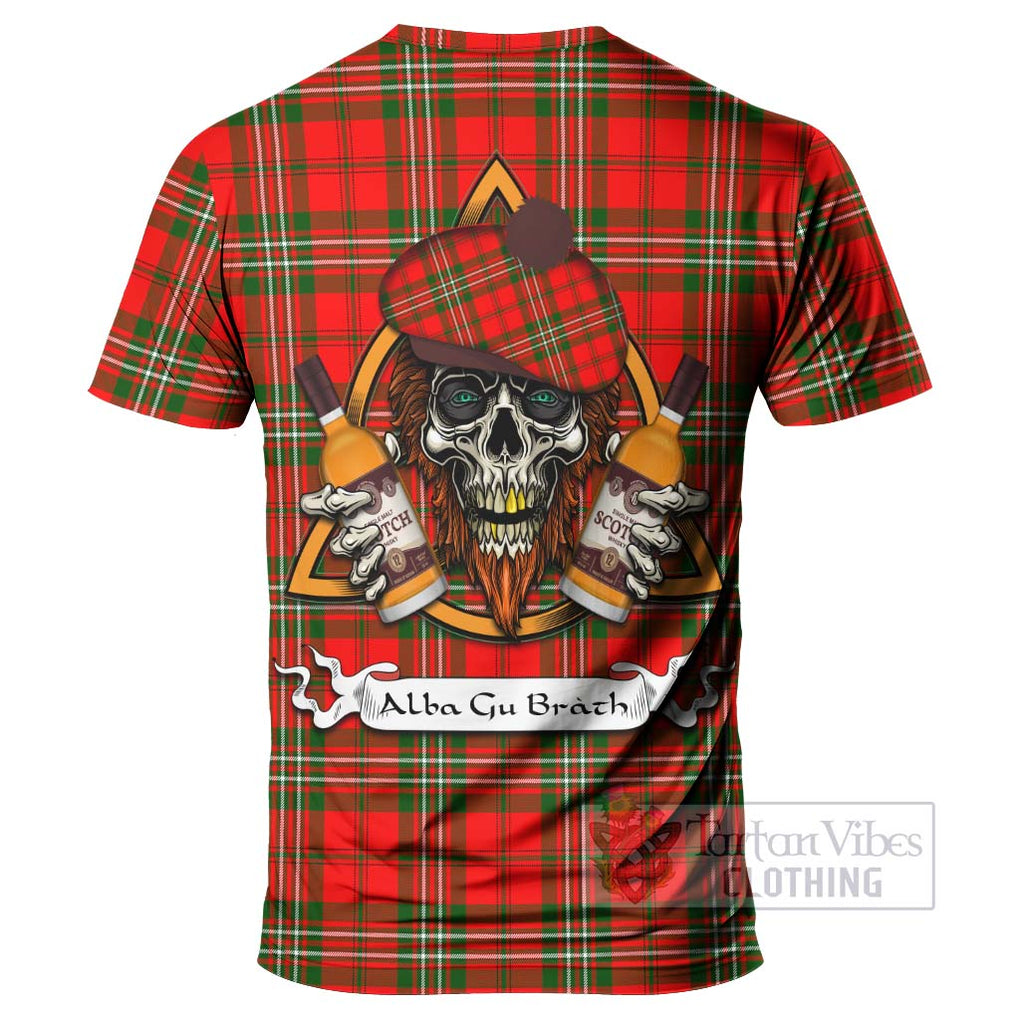 Tartan Vibes Clothing Langlands Tartan T-Shirt with Family Crest and Bearded Skull Holding Bottles of Whiskey