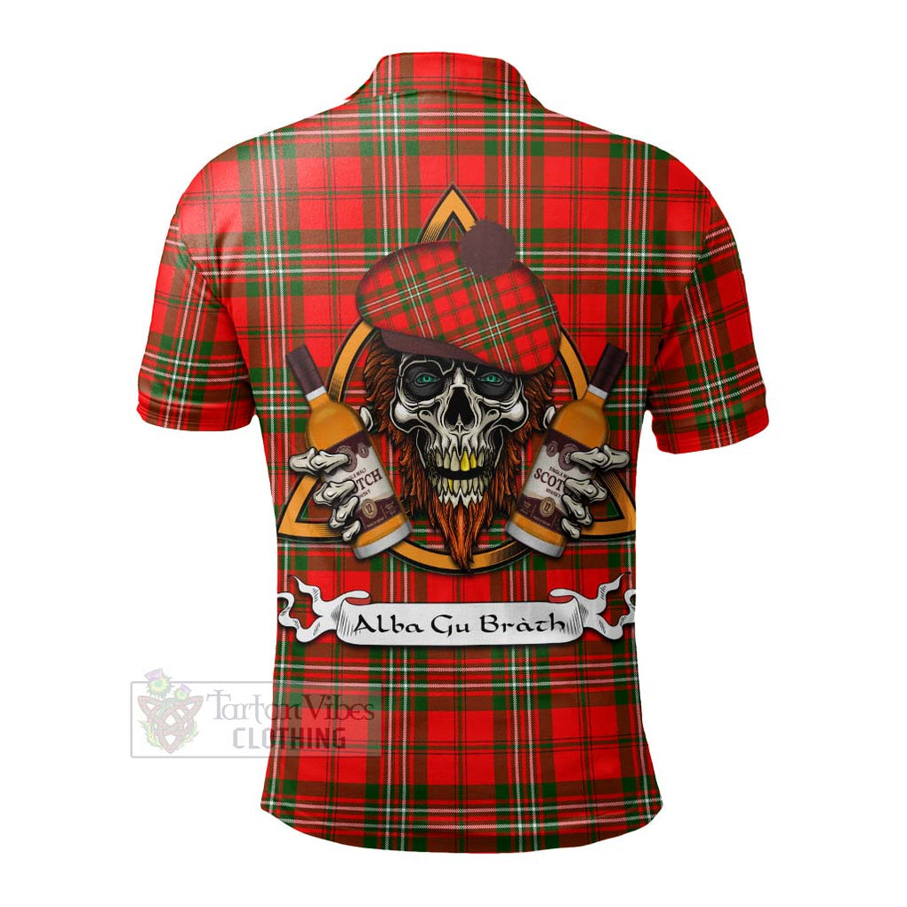 Tartan Vibes Clothing Langlands Tartan Polo Shirt with Family Crest and Bearded Skull Holding Bottles of Whiskey