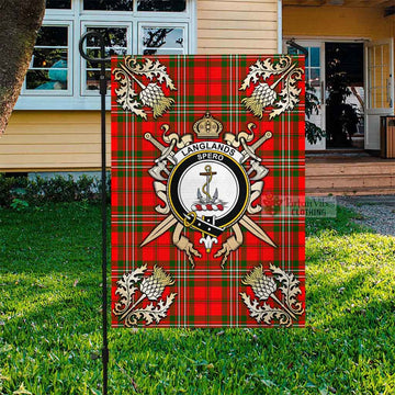 Langlands Tartan Flag with Family Crest and Golden Thistle Crossed Sword Design