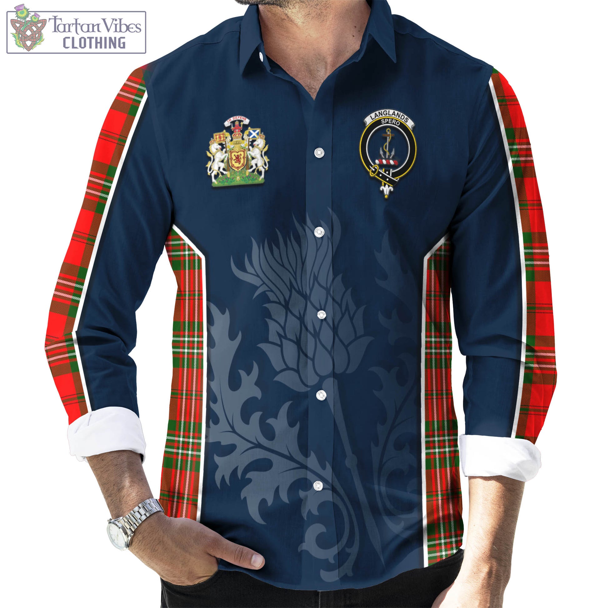 Tartan Vibes Clothing Langlands Tartan Long Sleeve Button Up Shirt with Family Crest and Scottish Thistle Vibes Sport Style