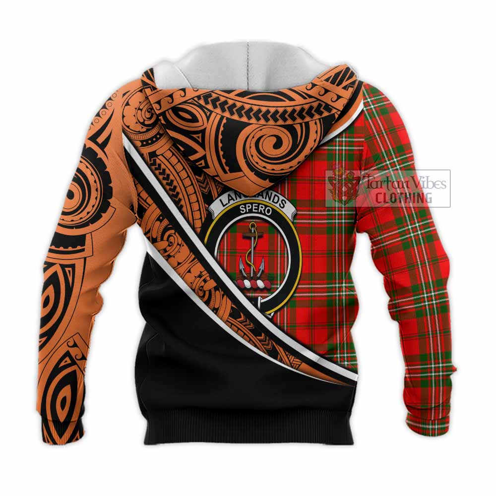 Tartan Vibes Clothing Langlands Crest Tartan Knitted Hoodie with Maori Tattoo Style - Orange Version