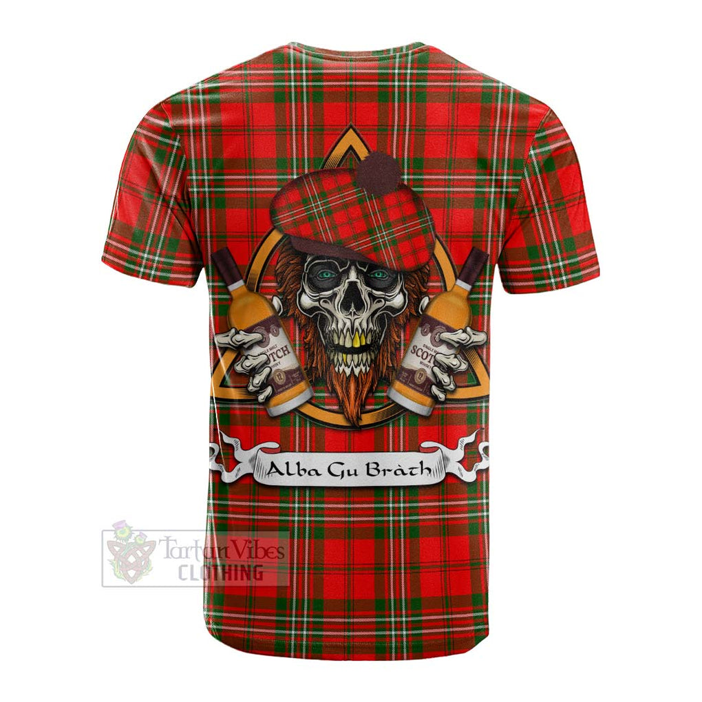 Tartan Vibes Clothing Langlands Tartan Cotton T-shirt with Family Crest and Bearded Skull Holding Bottles of Whiskey