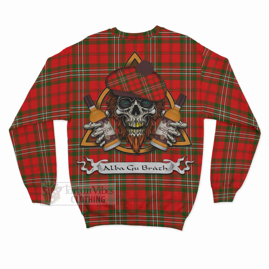 Tartan Vibes Clothing Langlands Tartan Sweatshirt with Family Crest and Bearded Skull Holding Bottles of Whiskey