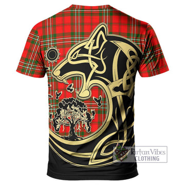 Langlands Tartan T-Shirt with Family Crest Celtic Wolf Style