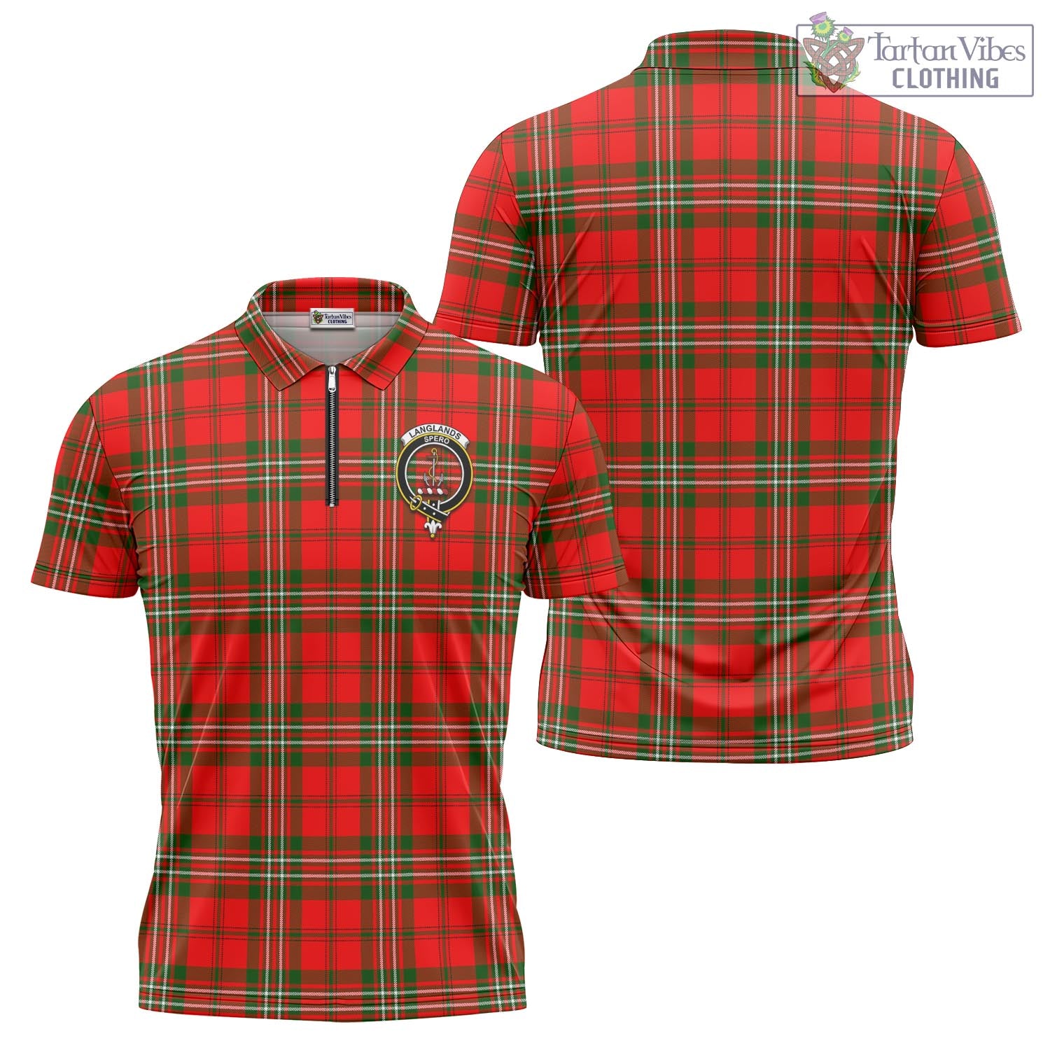 Tartan Vibes Clothing Langlands Tartan Zipper Polo Shirt with Family Crest