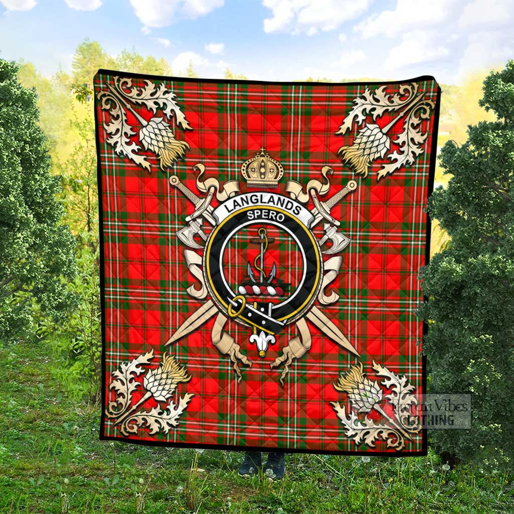 Tartan Vibes Clothing Langlands Tartan Quilt with Family Crest and Scottish Golden Courage Shield