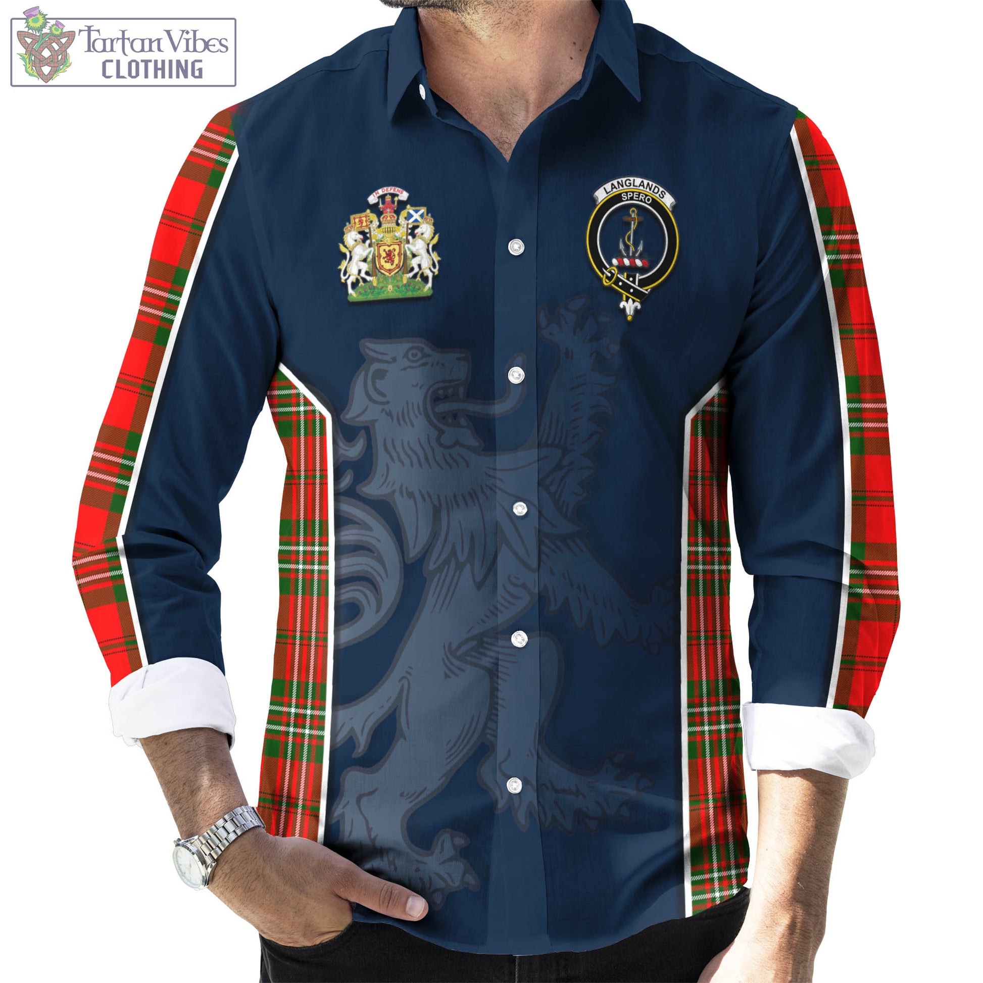 Tartan Vibes Clothing Langlands Tartan Long Sleeve Button Up Shirt with Family Crest and Lion Rampant Vibes Sport Style