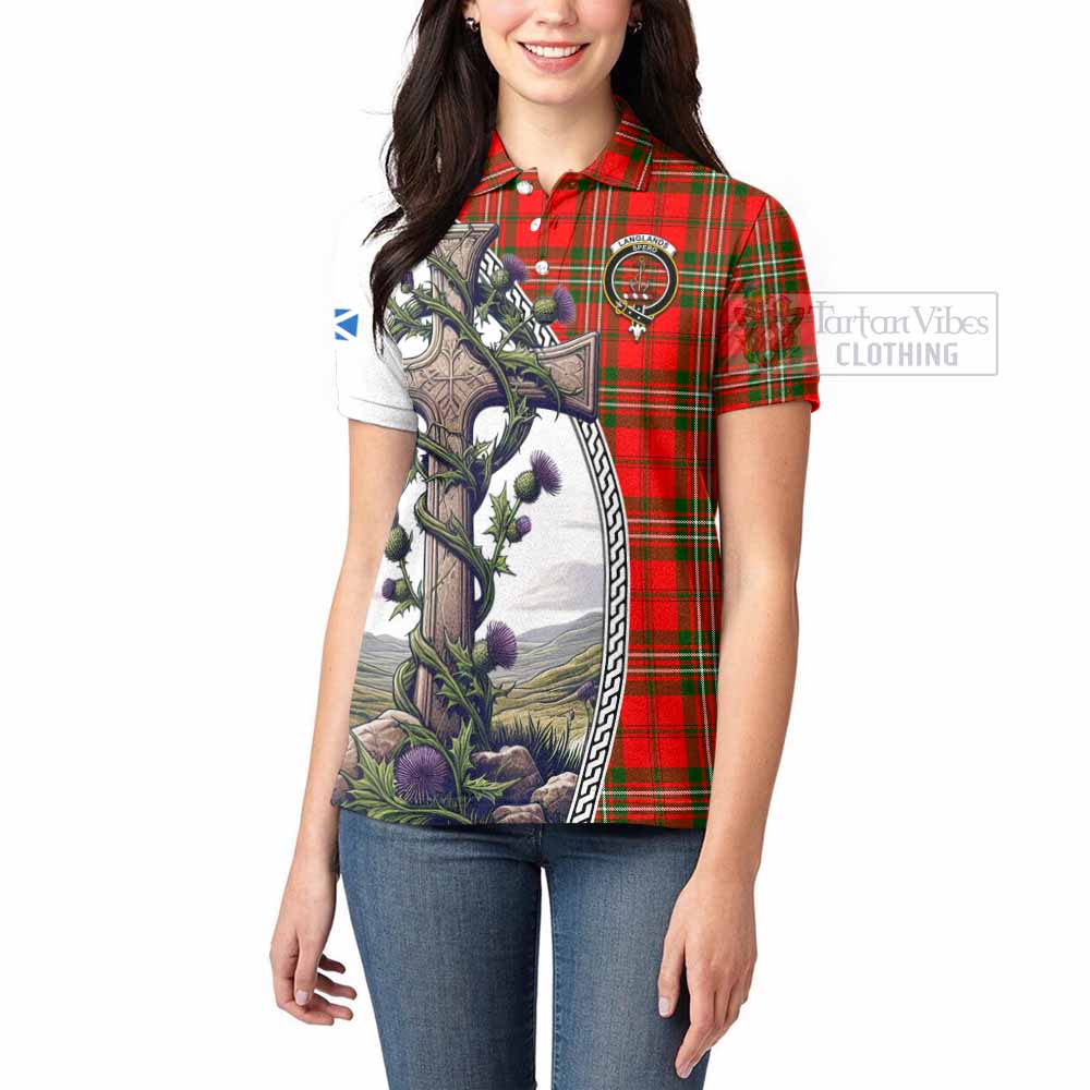 Tartan Vibes Clothing Langlands Tartan Women's Polo Shirt with Family Crest and St. Andrew's Cross Accented by Thistle Vines