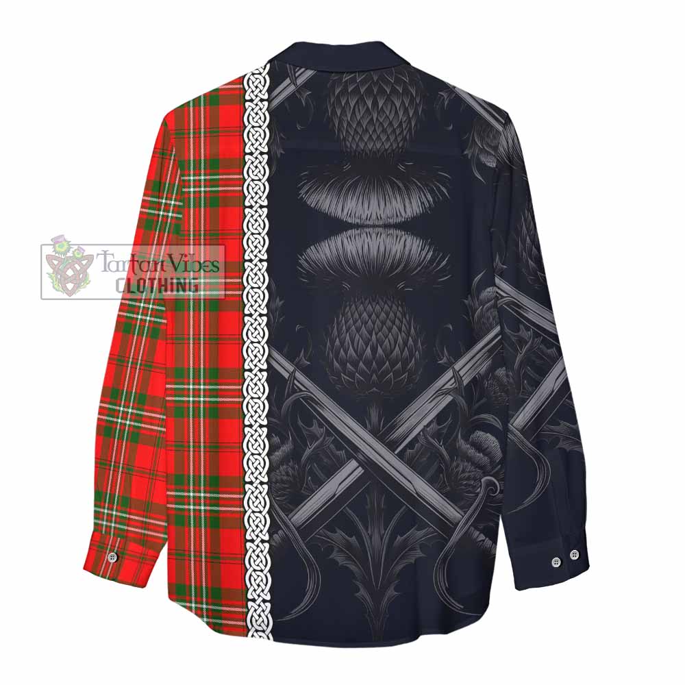 Tartan Vibes Clothing Langlands Tartan Women's Casual Shirt with Family Crest Cross Sword Thistle Celtic Vibes