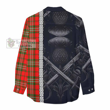 Langlands Tartan Women's Casual Shirt with Family Crest Cross Sword Thistle Celtic Vibes