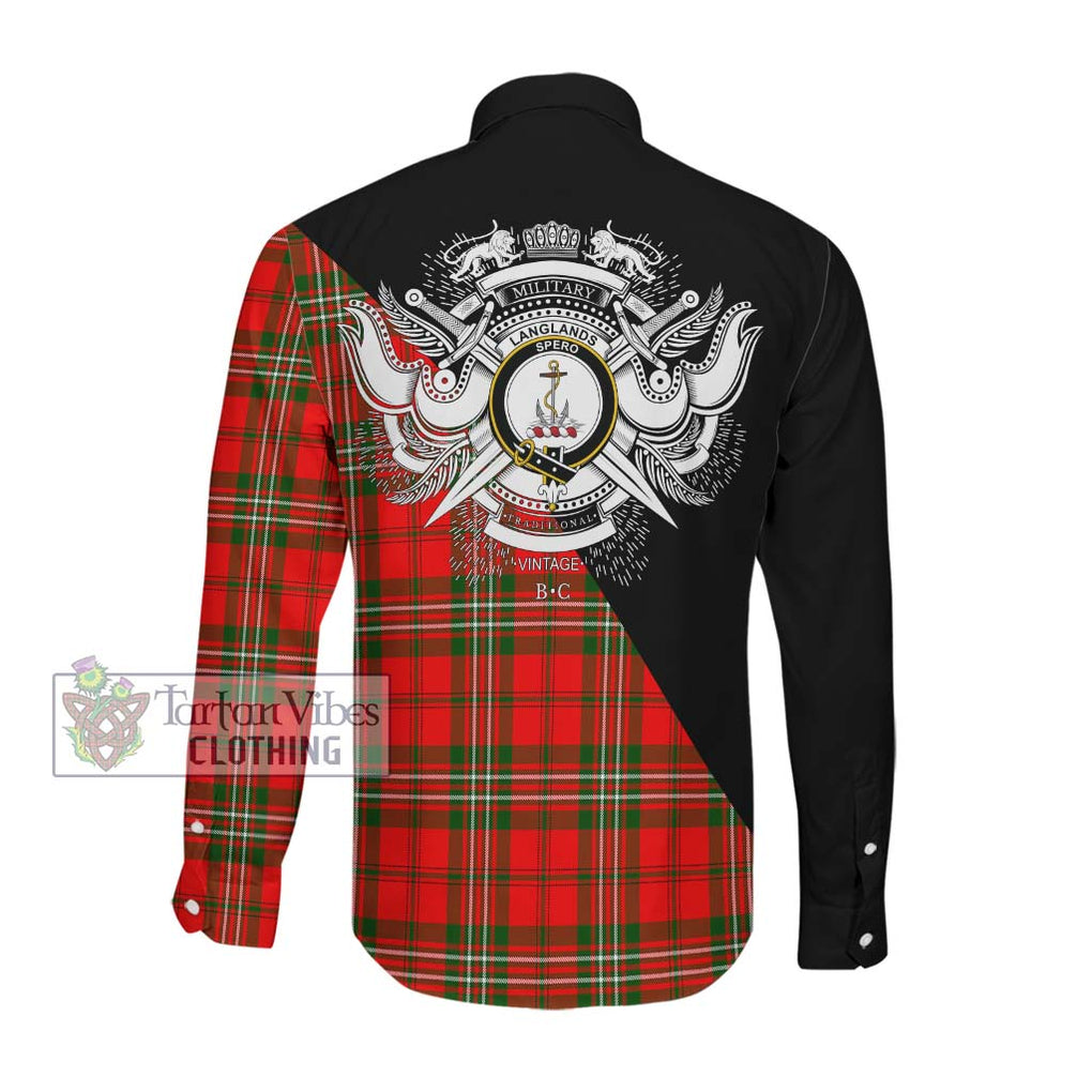 Langlands Tartan Long Sleeve Button Shirt with Family Crest and Military Logo Style Men's Shirt - Tartanvibesclothing Shop