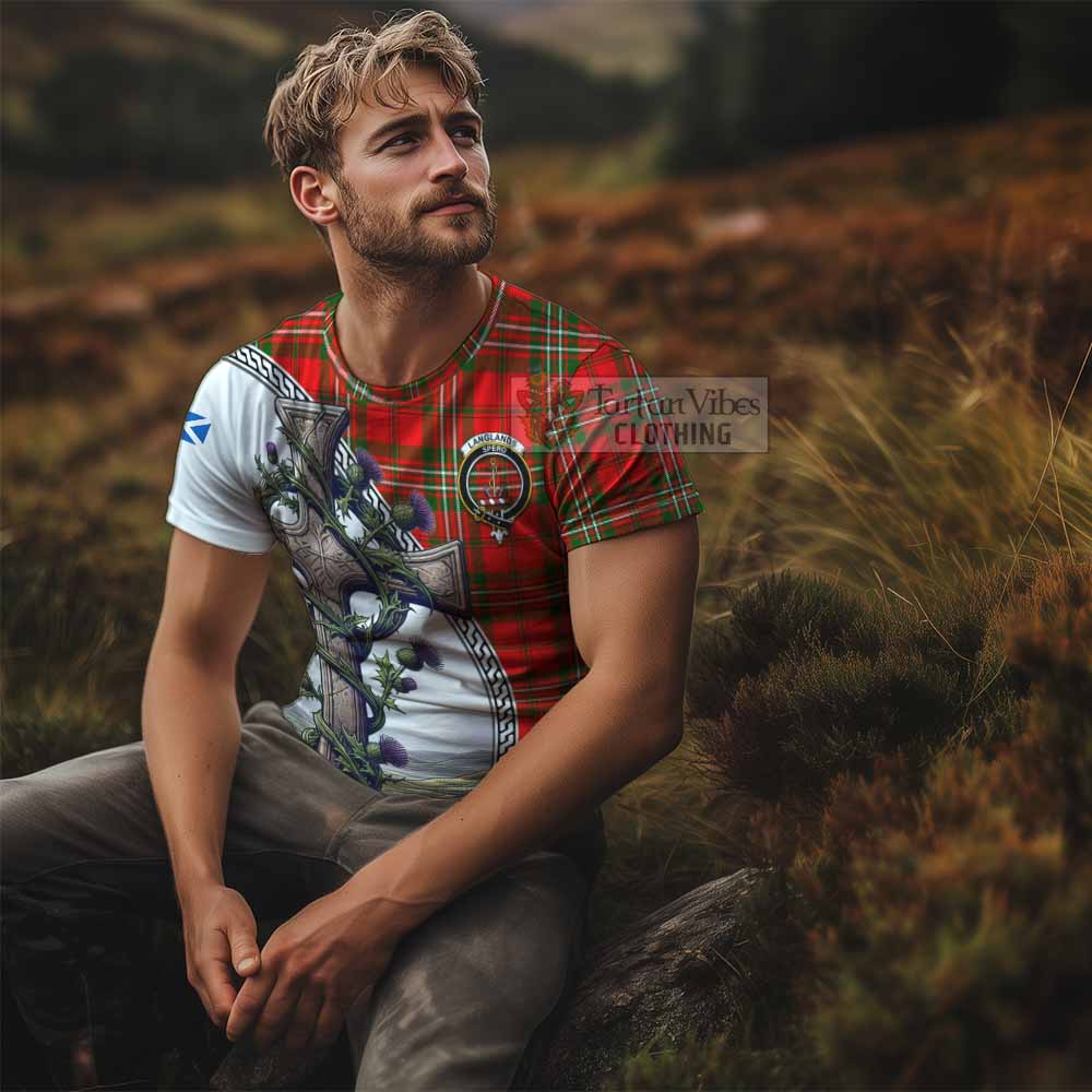 Tartan Vibes Clothing Langlands Agnew Tartan T-Shirt with Family Crest and St. Andrew's Cross Accented by Thistle Vines