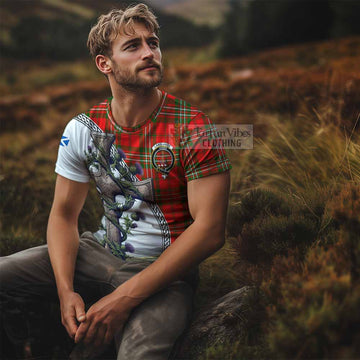 Langlands Tartan T-Shirt with Family Crest and St. Andrew's Cross Accented by Thistle Vines