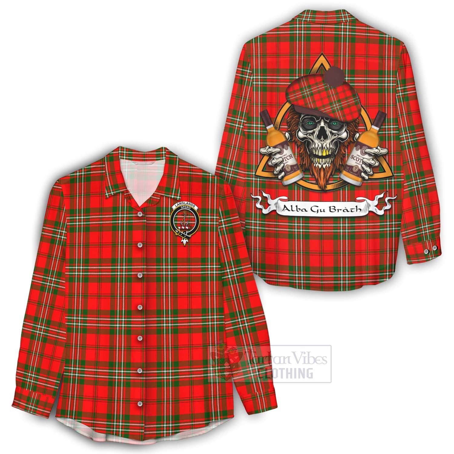 Tartan Vibes Clothing Langlands Tartan Women's Casual Shirt with Family Crest and Bearded Skull Holding Bottles of Whiskey