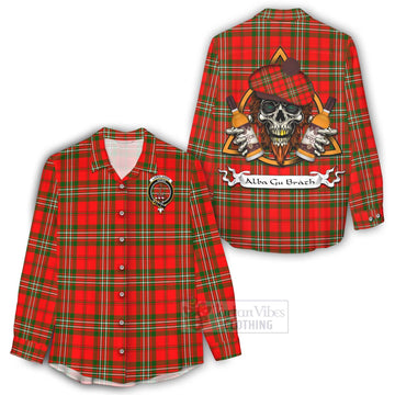 Langlands Tartan Women's Casual Shirt with Family Crest and Bearded Skull Holding Bottles of Whiskey