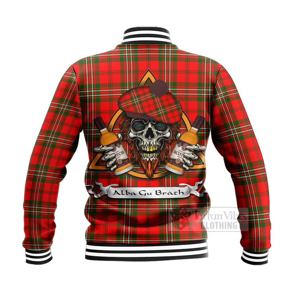 Tartan Vibes Clothing Langlands Tartan Baseball Jacket with Family Crest and Bearded Skull Holding Bottles of Whiskey