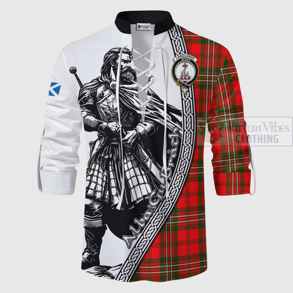 Tartan Vibes Clothing Langlands Tartan Clan Crest Ghillie Kilt Shirt with Highlander Warrior Celtic Style