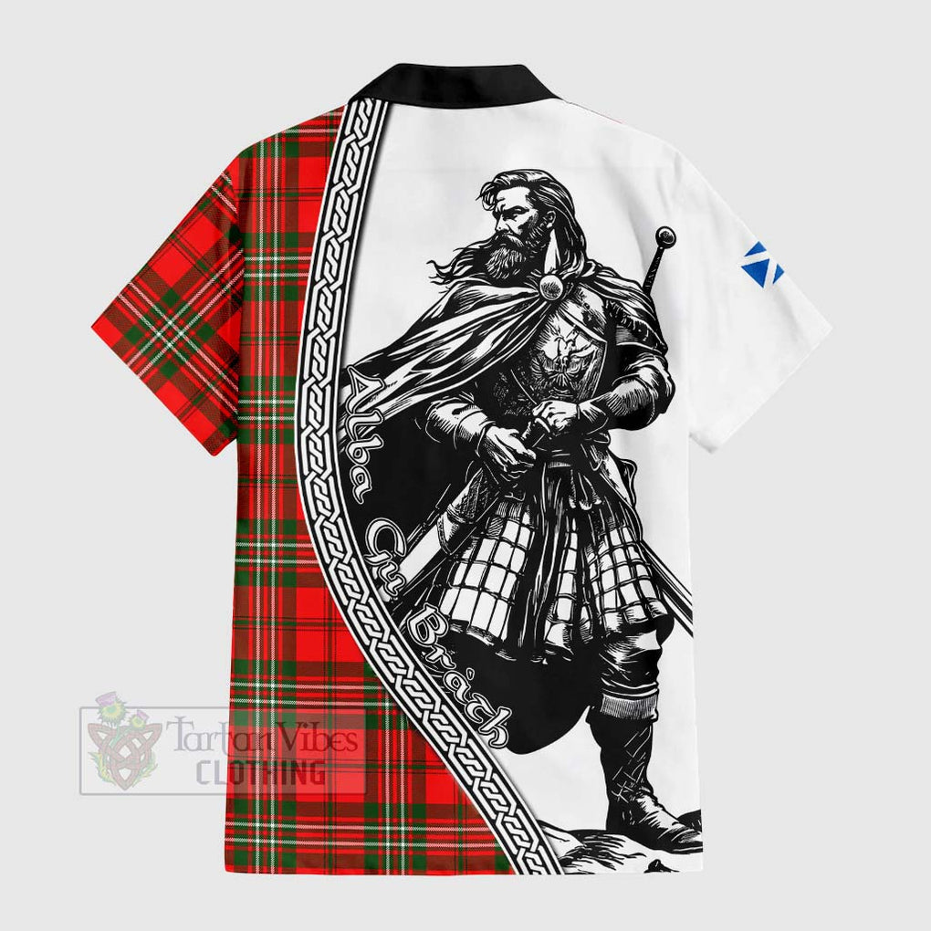 Tartan Vibes Clothing Langlands Tartan Clan Crest Short Sleeve Button Shirt with Highlander Warrior Celtic Style