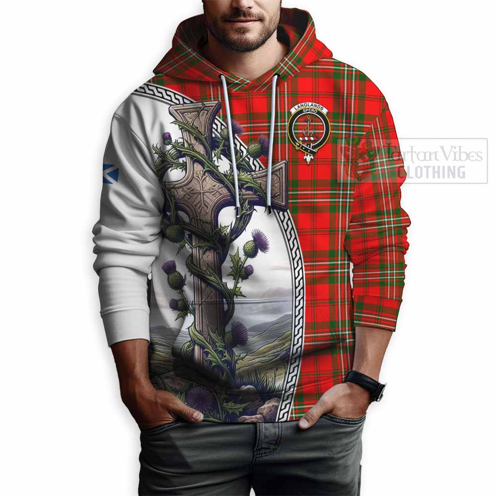 Tartan Vibes Clothing Langlands Tartan Hoodie with Family Crest and St. Andrew's Cross Accented by Thistle Vines