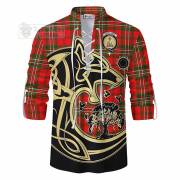 Langlands Tartan Ghillie Kilt Shirt with Family Crest Celtic Wolf Style