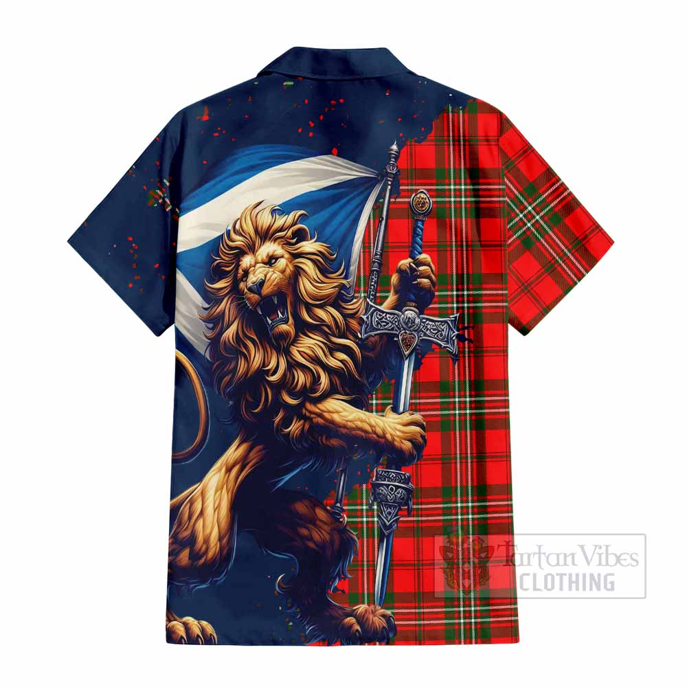 Tartan Vibes Clothing Langlands Tartan Family Crest Short Sleeve Button Shirt with Scottish Majestic Lion