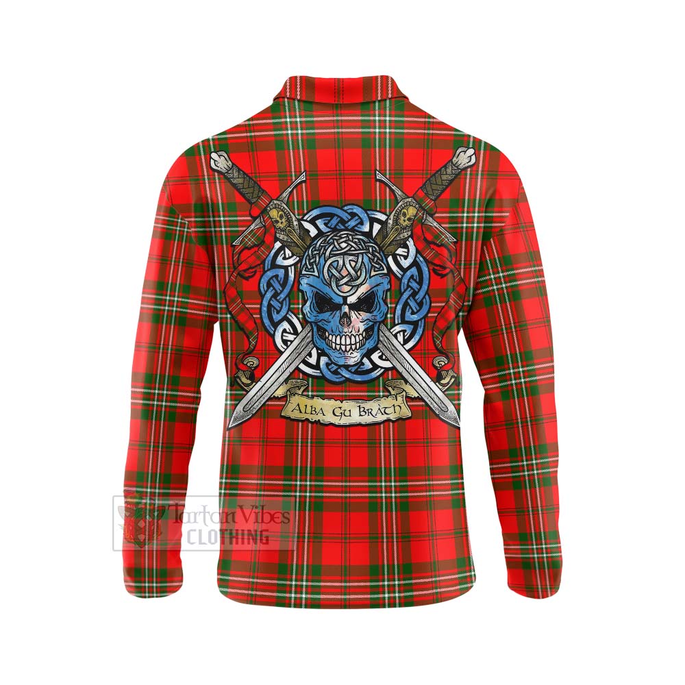 Tartan Vibes Clothing Langlands Tartan Long Sleeve Polo Shirt with Family Crest Celtic Skull Style