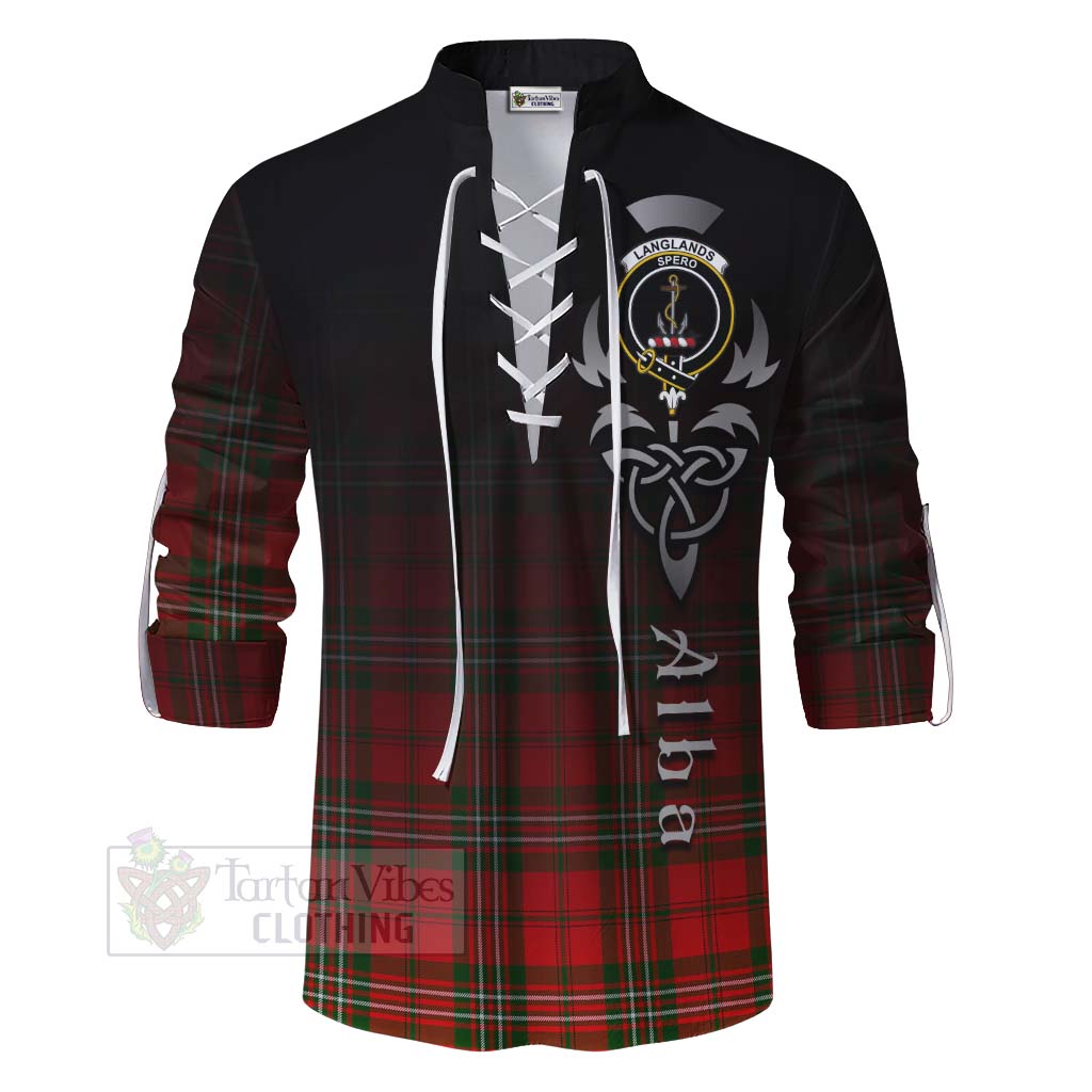 Tartan Vibes Clothing Langlands Tartan Ghillie Kilt Shirt Featuring Alba Gu Brath Family Crest Celtic Inspired