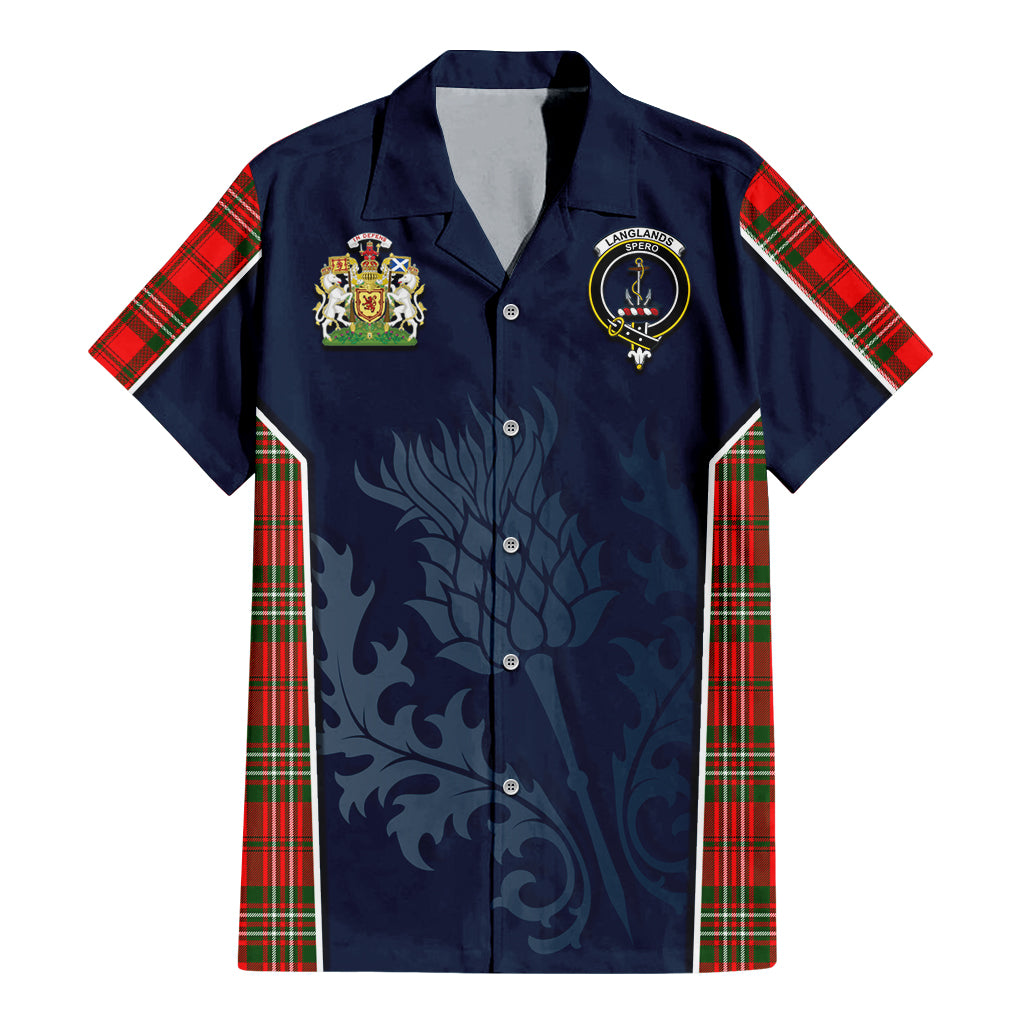 Tartan Vibes Clothing Langlands Tartan Short Sleeve Button Up Shirt with Family Crest and Scottish Thistle Vibes Sport Style