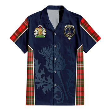 Langlands Tartan Short Sleeve Button Up Shirt with Family Crest and Scottish Thistle Vibes Sport Style