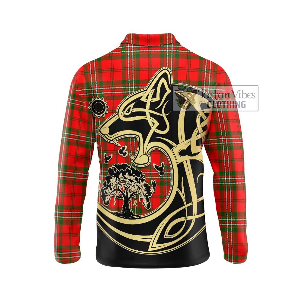 Langlands Tartan Long Sleeve Polo Shirt with Family Crest Celtic Wolf Style - Tartanvibesclothing Shop