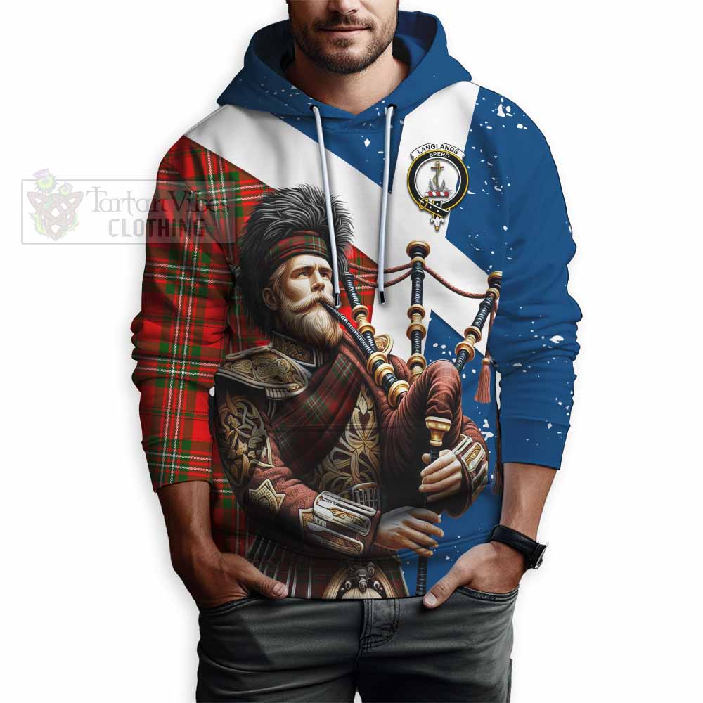 Tartan Vibes Clothing Langlands Tartan Hoodie with Family Crest Scottish Bagpiper Vibes