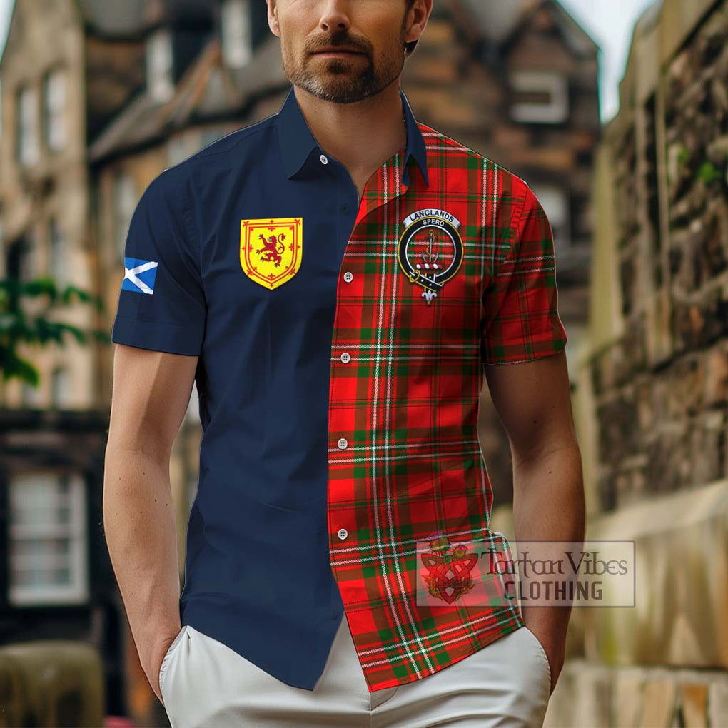 Tartan Vibes Clothing Langlands Tartan Short Sleeve Button Shirt with Scottish Lion Royal Arm Half Style