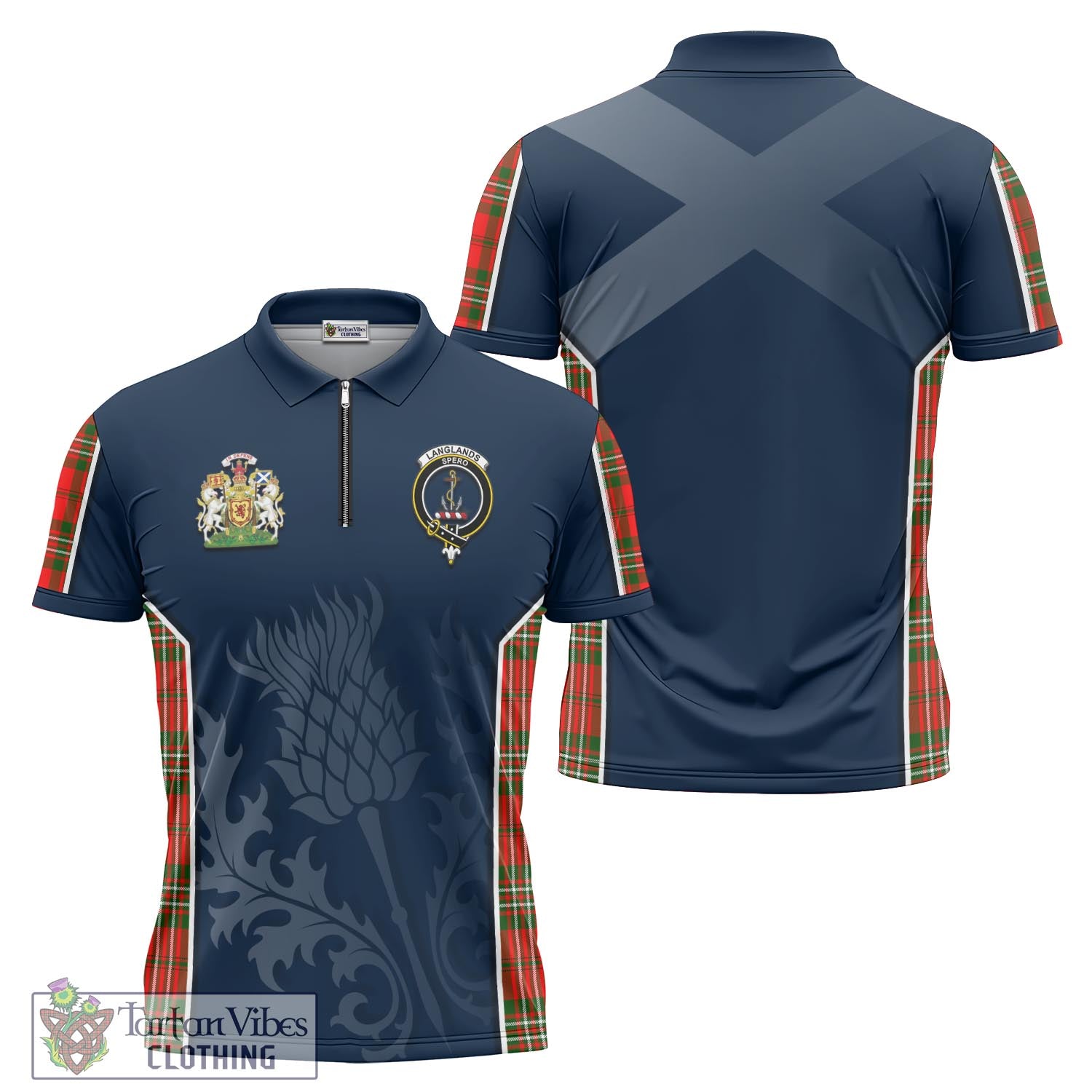 Tartan Vibes Clothing Langlands Tartan Zipper Polo Shirt with Family Crest and Scottish Thistle Vibes Sport Style