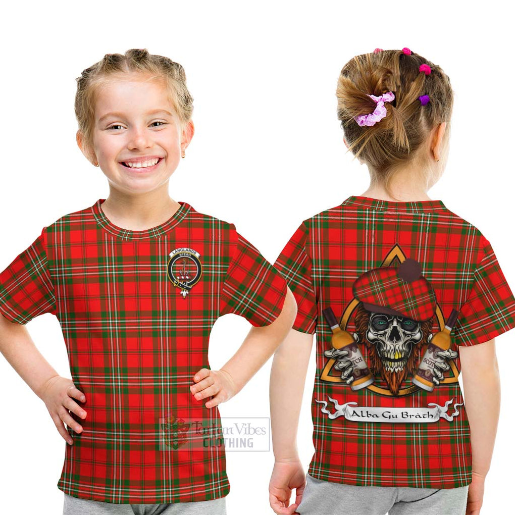 Tartan Vibes Clothing Langlands Tartan Kid T-Shirt with Family Crest and Bearded Skull Holding Bottles of Whiskey