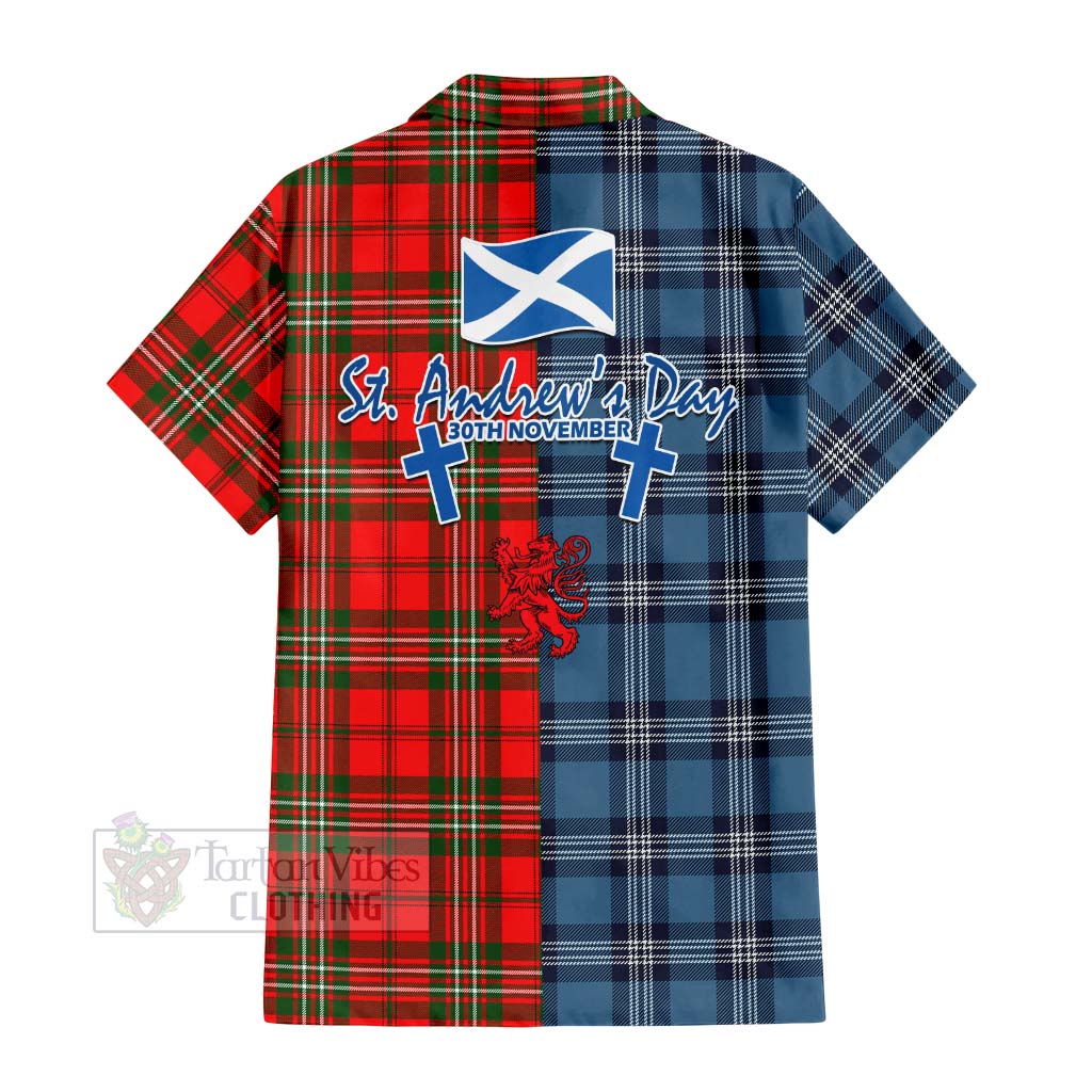 Tartan Vibes Clothing Langlands Tartan Short Sleeve Button Shirt Happy St. Andrew's Day Half Tartan Style