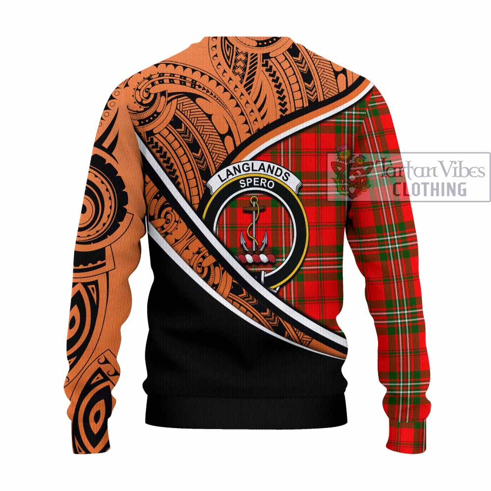 Tartan Vibes Clothing Langlands Crest Tartan Knitted Sweater with Maori Tattoo Style - Orange Version