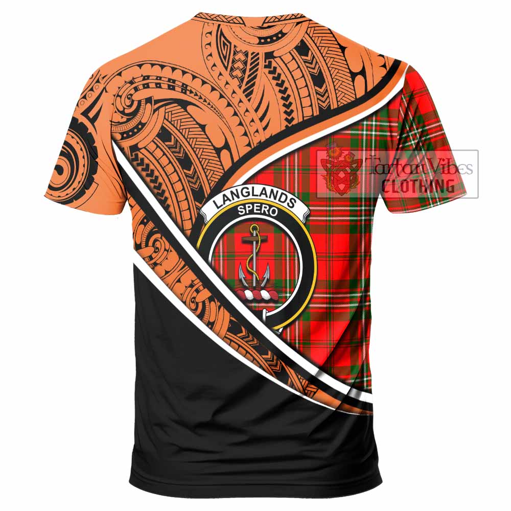 Tartan Vibes Clothing Langlands Crest Tartan T-Shirt with Maori Tattoo Style - Orange Version