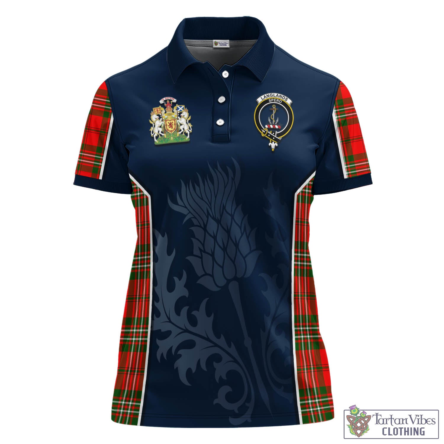 Tartan Vibes Clothing Langlands Tartan Women's Polo Shirt with Family Crest and Scottish Thistle Vibes Sport Style