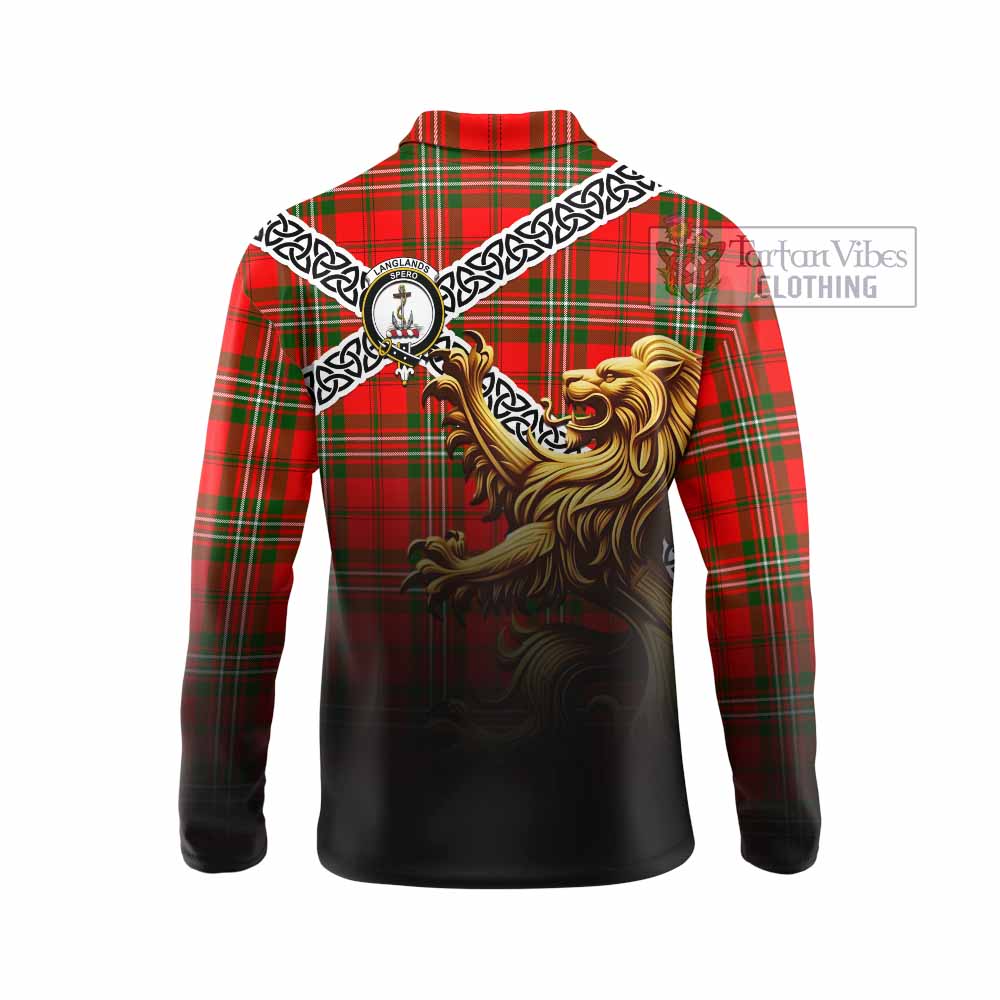 Langlands Crest Tartan Long Sleeve Polo Shirt with Golden Lion Emblem Celtic Style - Tartan Vibes Clothing