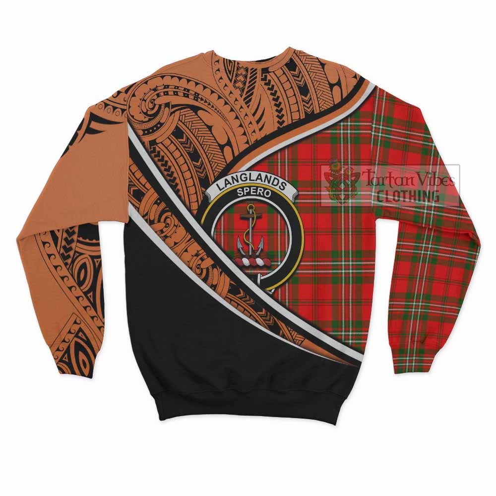 Tartan Vibes Clothing Langlands Crest Tartan Sweatshirt with Maori Tattoo Style - Orange Version