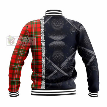 Langlands Tartan Baseball Jacket with Family Crest Cross Sword Thistle Celtic Vibes