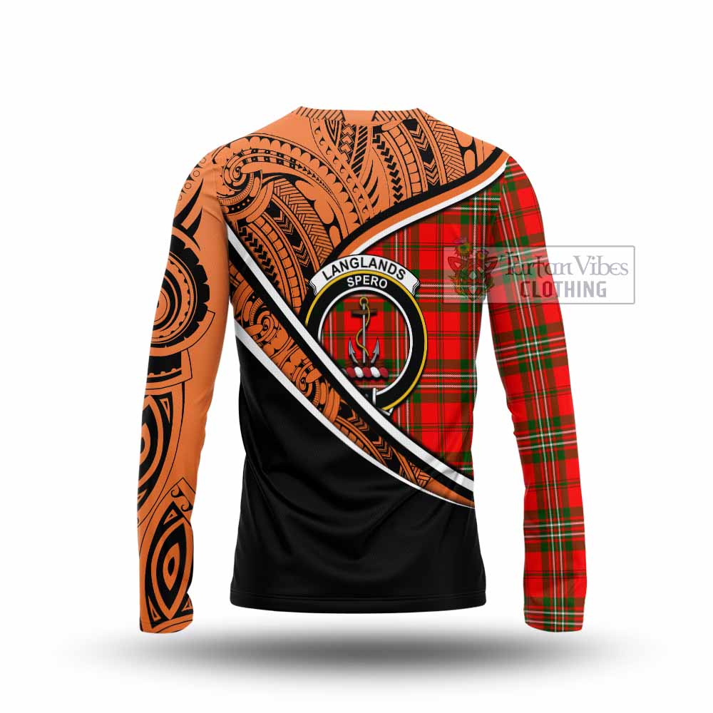 Tartan Vibes Clothing Langlands Crest Tartan Long Sleeve T-Shirt with Maori Tattoo Style - Orange Version